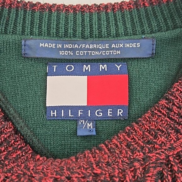 Vintage 90’s Tommy Hilfiger Sweater Men's M Red Black Chunky Knit EUC LS LN - Picture 6 of 14